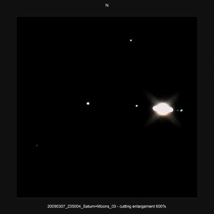 20090307_235004_Saturn+Moons_03 - cutting enlargement 600pc.JPG -   Newton d 309,5 / af 1623 & Coma Corrector CANON-EOS5D (AFC-Filter) 1000 ASA  no add. filter 1 light-frame 1s Canon-RAW-Image, Adobe-PS-CS3  